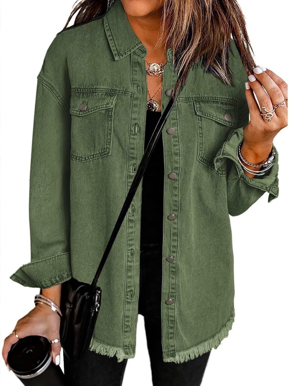 Olive Green Frayed Hem Utility Shacket